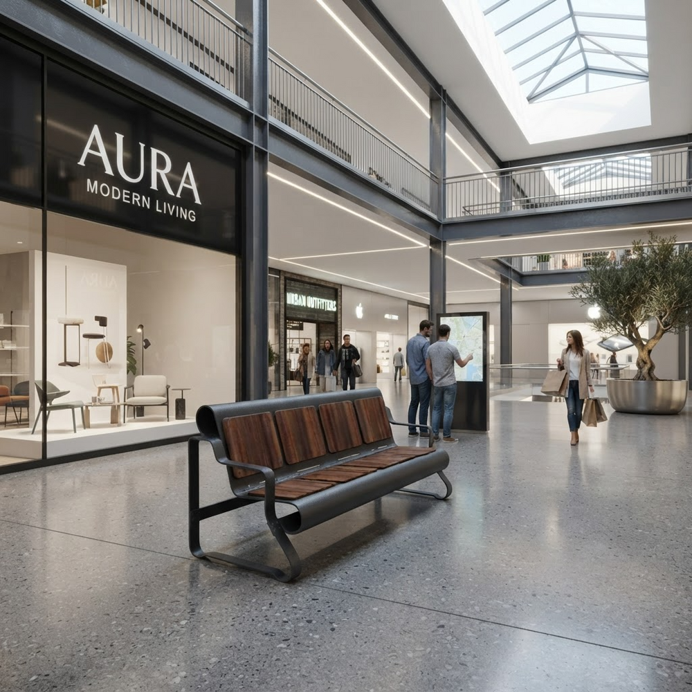 A modern wooden and metal bench sits in a spacious, contemporary indoor shopping mall atrium with a visible AURA Modern Living storefront. Several people are walking and standing in the background under a glass skylight.