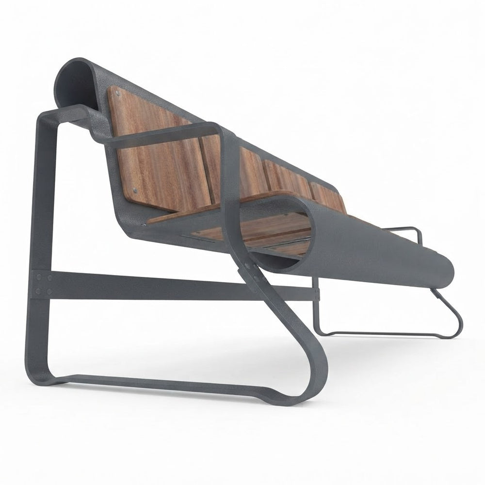 A modern outdoor lounge bench with a dark gray metal frame and brown wooden slats, shown from a three-quarters angle on a white background.