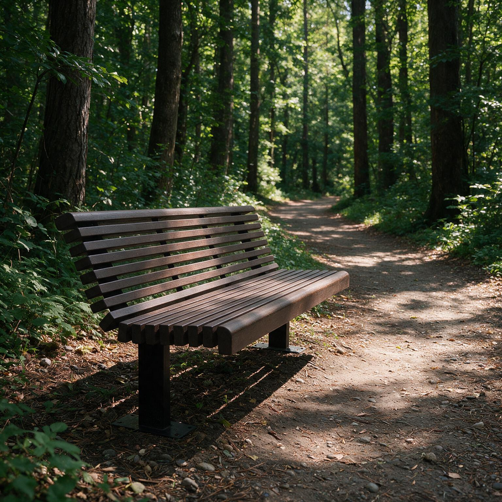 A dark brown wooden park bench with black metal legs sits beside a dirt path in a dense green forest.