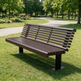 A modern outdoor park bench with dark brown slatted seating and backrest on a green grassy lawn, with a paved path and trees in the background.