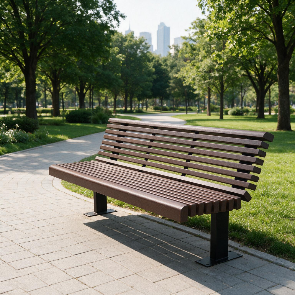 A modern brown slatted park bench with black metal legs situated on a paved pathway in a lush green park with trees and distant city buildings.