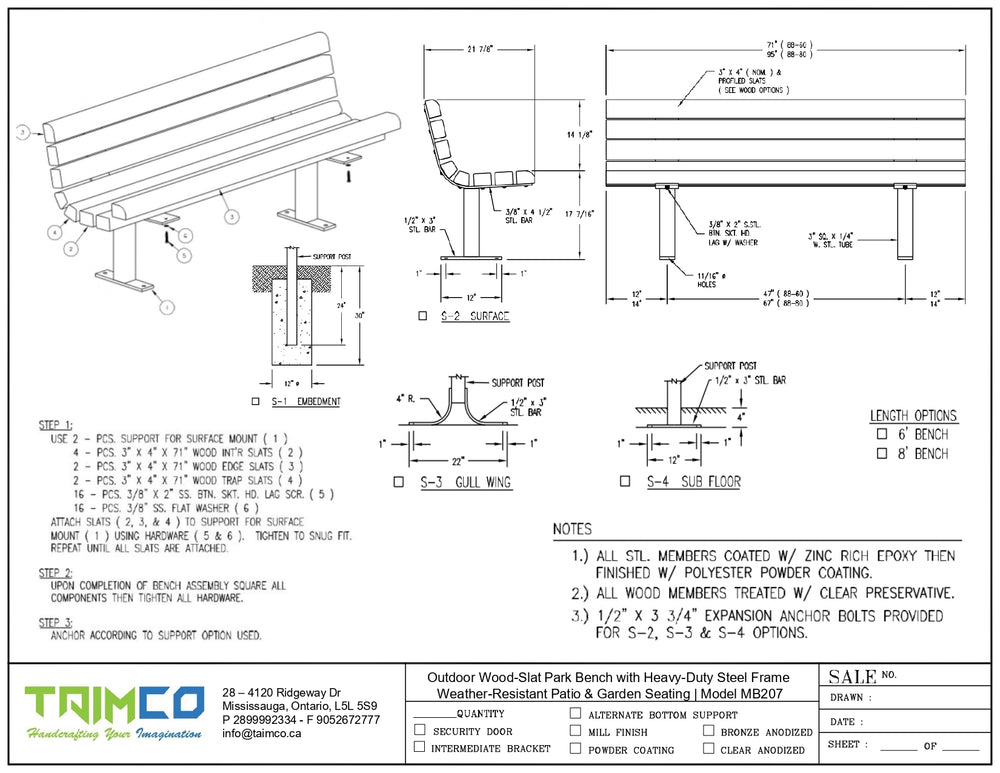Technical specification sheet and assembly diagram for a Traimco outdoor wood-clad park bench with heavy-duty steel frame, showing line drawings, dimensions, notes, and safety information.