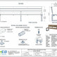 Technical specification sheet and dimension drawing for a steel frame bench with a hardwood seat, showing top view, front elevation, side elevation, material cross-section, hardware callouts, and a specification summary on a white background.