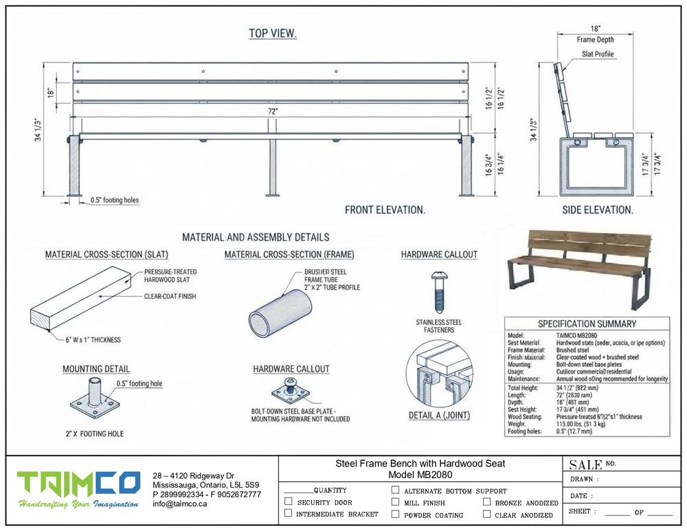 Technical specification sheet and dimension drawing for a steel frame bench with a hardwood seat, showing top view, front elevation, side elevation, material cross-section, hardware callouts, and a specification summary on a white background.