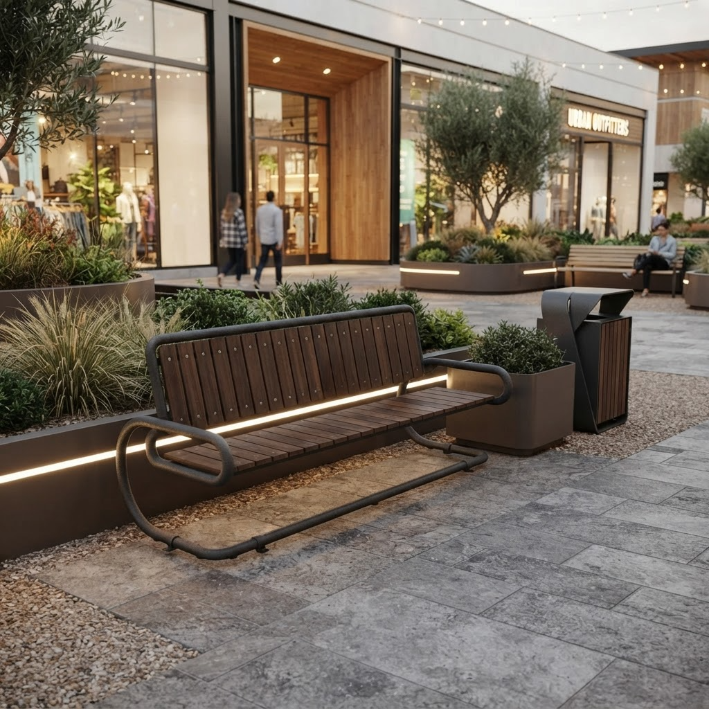 Contemporary architectural park bench featuring an ergonomic curved design and wooden seating