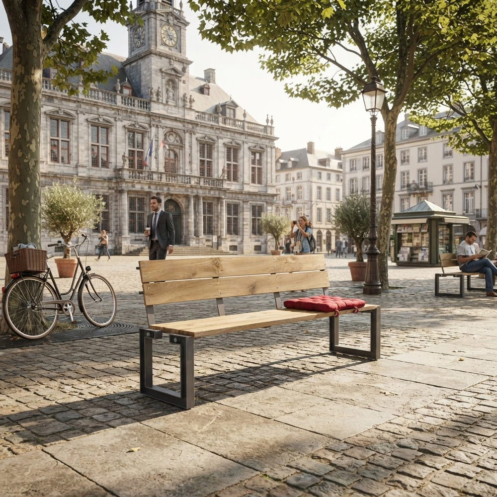 A modern wooden park bench with black metal legs in an outdoor city square, with a red cushion on the seat. The background features historic stone buildings, trees, a bicycle, and people sitting and walking.