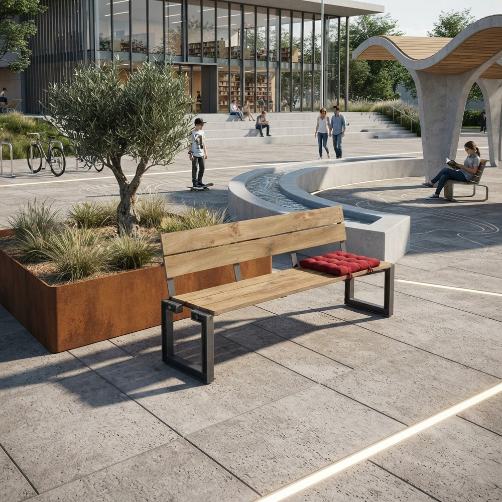 A modern outdoor park bench with a light wood seat and backrest, black metal frame, and a red tufted cushion, placed in a contemporary plaza with people, water features, and greenery in the background.