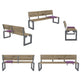 Four views of an outdoor wooden bench with a gray metal frame and purple cushions, shown on a plain white background.