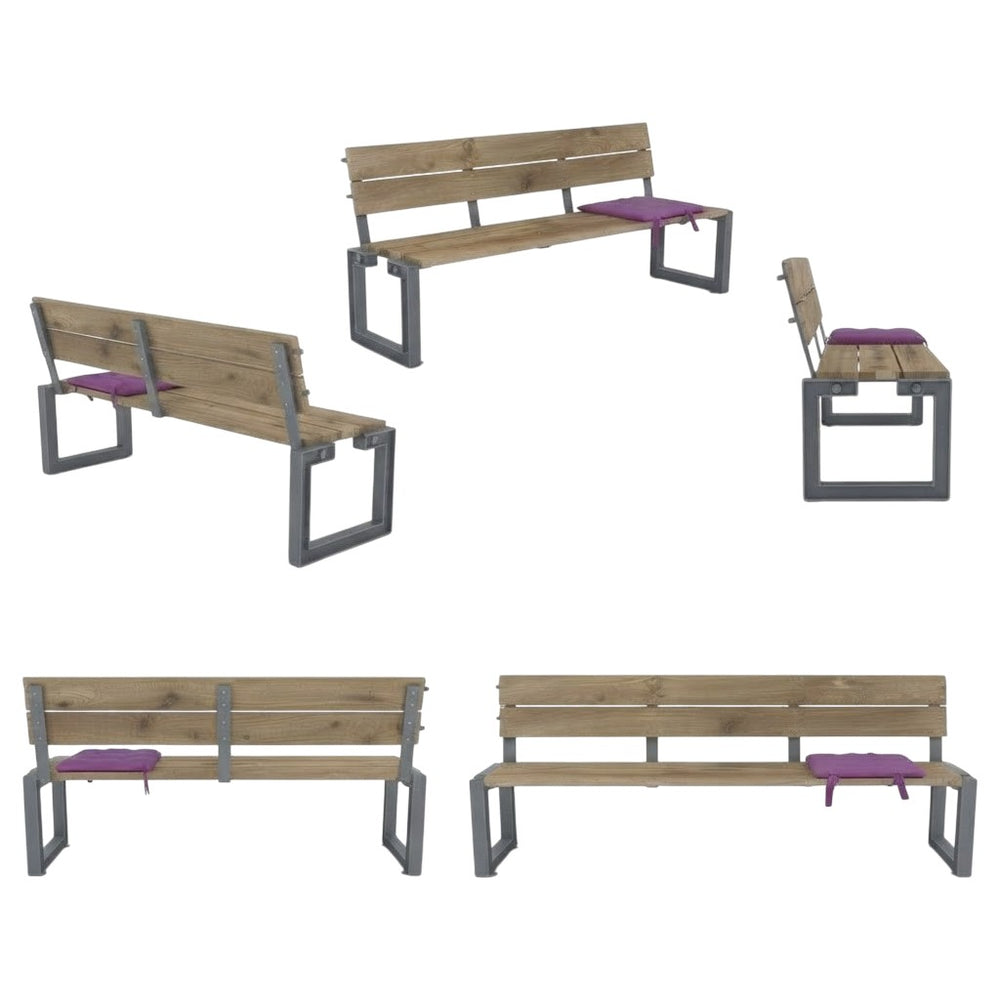 Four views of an outdoor wooden bench with a gray metal frame and purple cushions, shown on a plain white background.