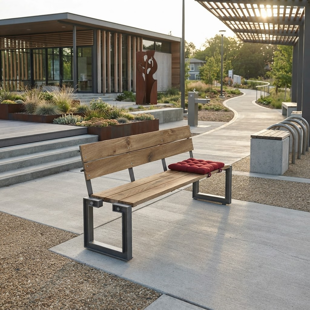 A modern outdoor bench with light brown wooden slats and dark metal frame legs, shown in a landscaped plaza. A red tufted cushion rests on the seat.