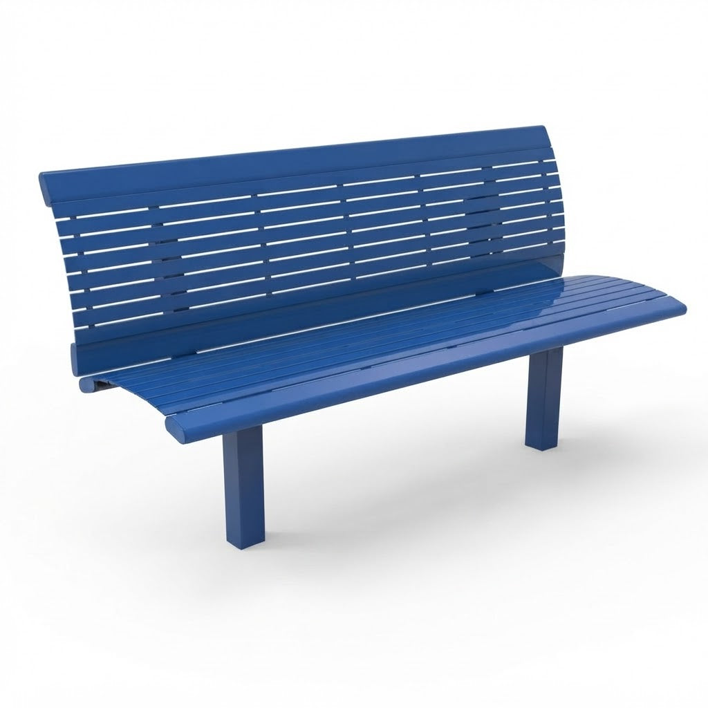A blue slatted outdoor bench with a curved backrest and seat, shown at an angle on a clean white background.