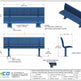 Technical specification sheet and dimension diagram for a powder-coated steel outdoor bench by Taimco, showing front, side, and back views with measurements, materials, and finish details.