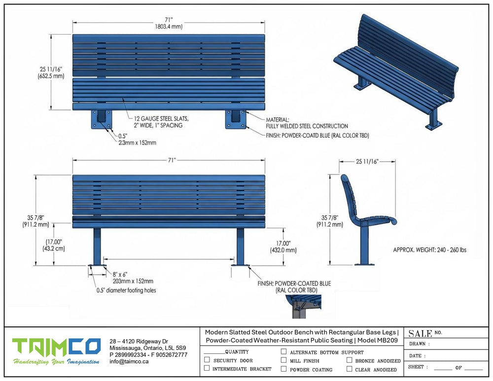 Technical specification sheet and dimension diagram for a powder-coated steel outdoor bench by Taimco, showing front, side, and back views with measurements, materials, and finish details.