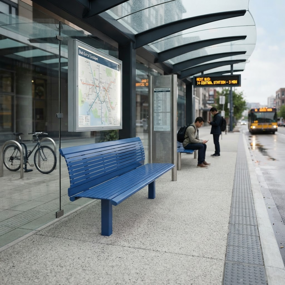 A blue slatted public transit bench sits on a city bus stop platform under a glass canopy, with a map display, waiting passengers, a bicycle, and a bus in the background.