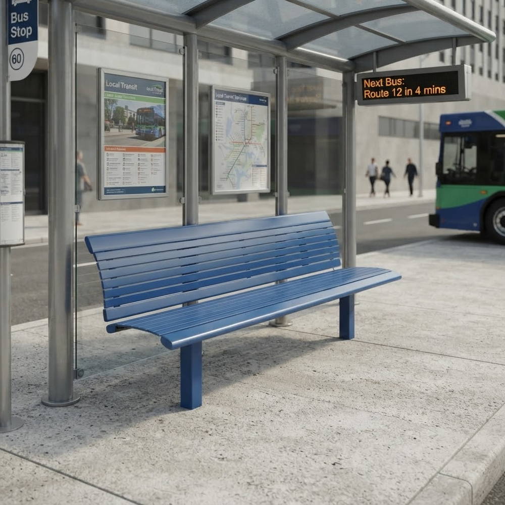 A blue slatted public transit bench placed under a glass bus stop shelter on a city sidewalk, with a bus, street, and station signage visible in the background.