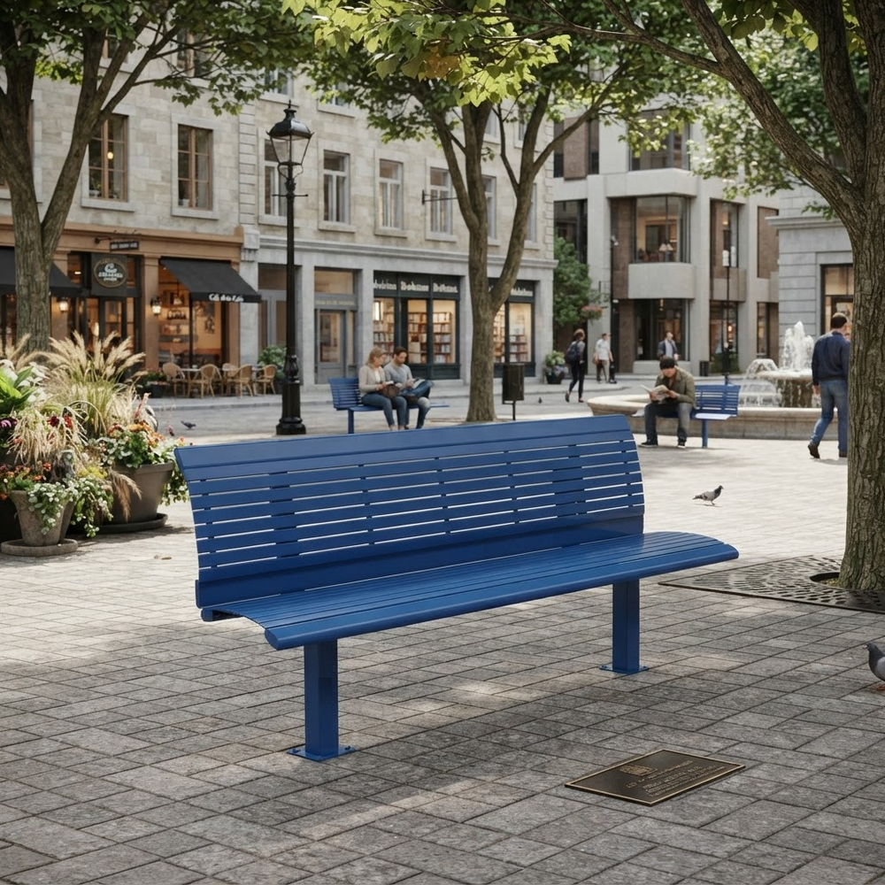 A blue slatted outdoor bench in a paved urban plaza with trees, buildings, seated people, and a fountain in the background.