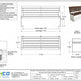 Technical specification sheet and dimension drawing for a modern wood bench with steel frame, showing front, side, and top views with measurements and material details.