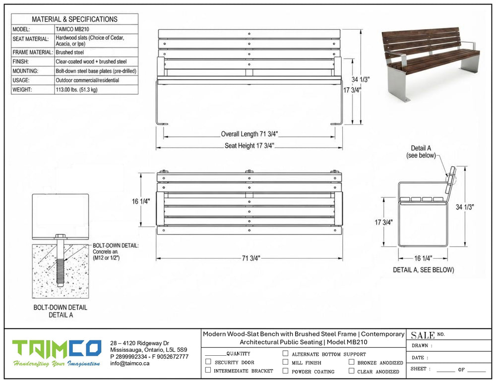 Technical specification sheet and dimension drawing for a modern wood bench with steel frame, showing front, side, and top views with measurements and material details.