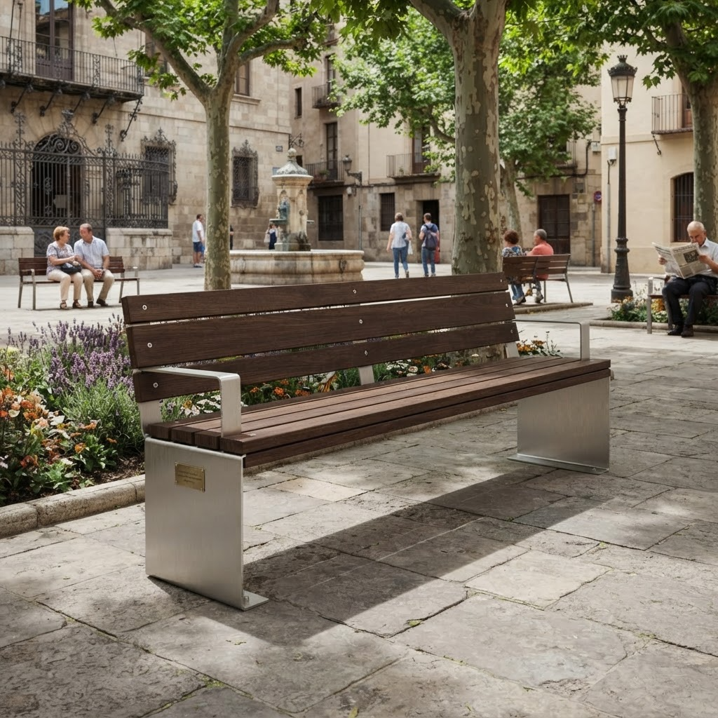 A modern outdoor park bench with dark brown wooden slats and brushed silver metal supports, situated in a sunny stone plaza with trees, historic buildings, and people sitting in the background.