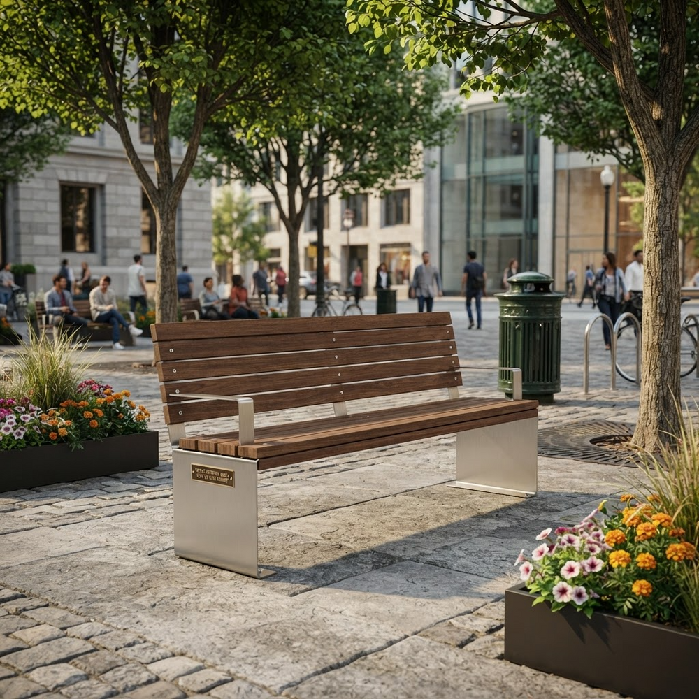 A modern wooden park bench with a brushed silver metal base sits on a stone plaza in an urban setting with trees, people, and flower boxes in the background.