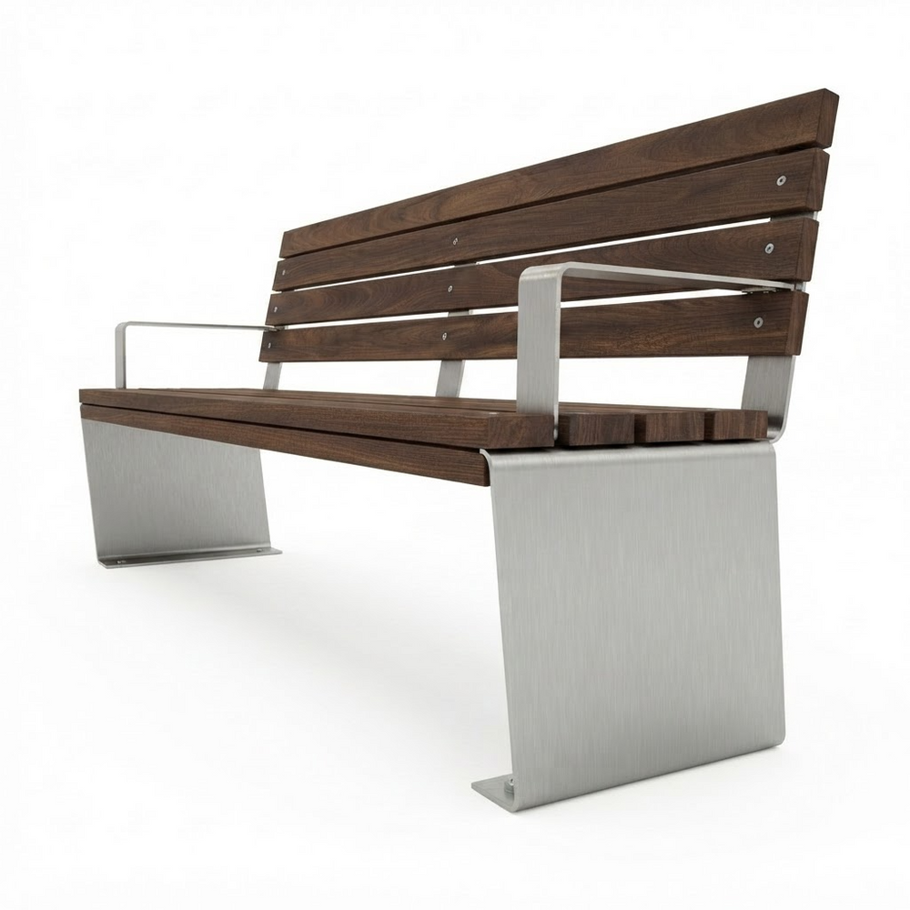 A modern outdoor bench with dark brown wooden slats for the seat and backrest, supported by a brushed silver metal frame with integrated armrests and angled legs, shown on a white background.