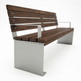 A modern outdoor bench with dark brown wooden slats and a brushed silver metal frame, shown on a clean white background.