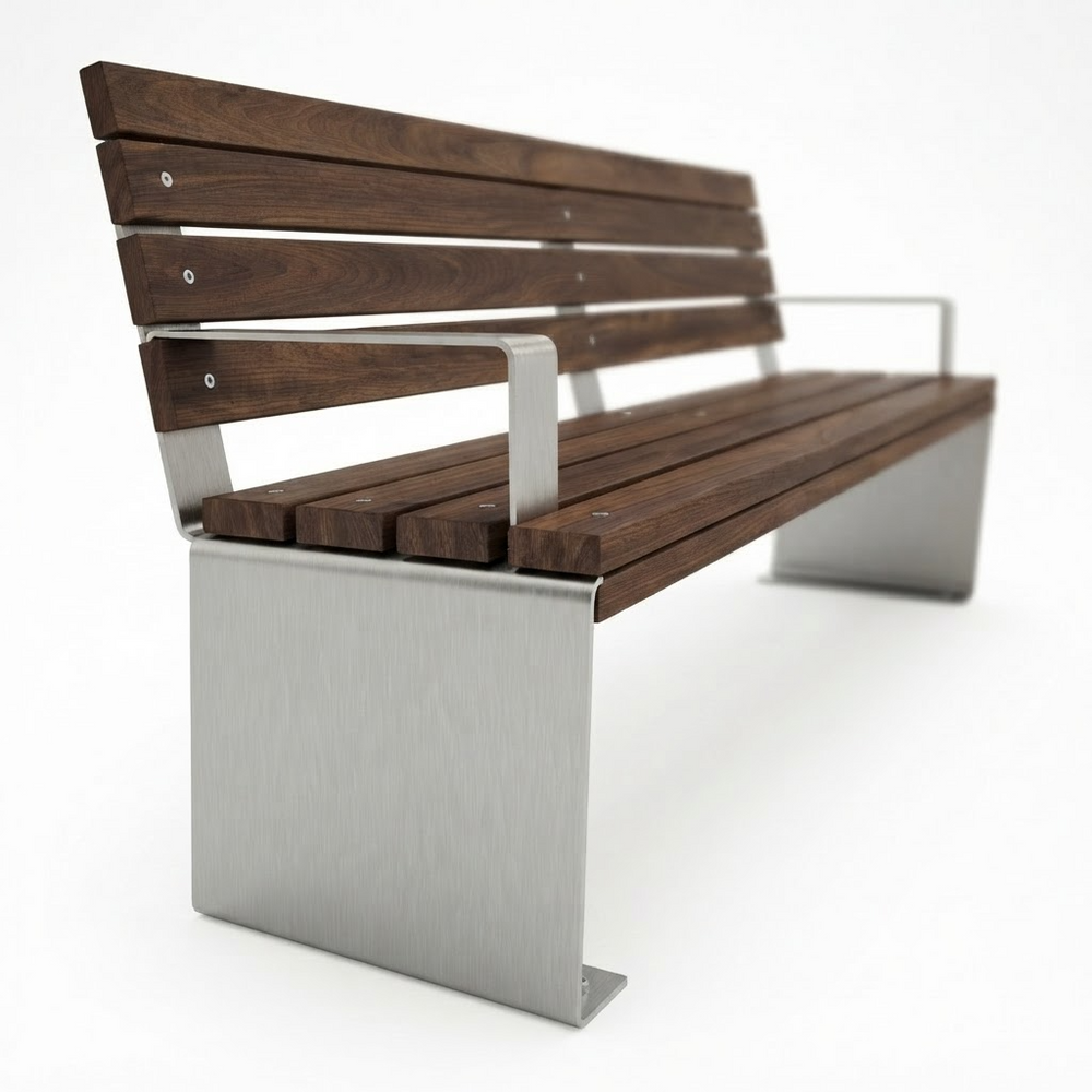 A modern outdoor bench with dark brown wooden slats and a brushed silver metal frame, shown on a clean white background.