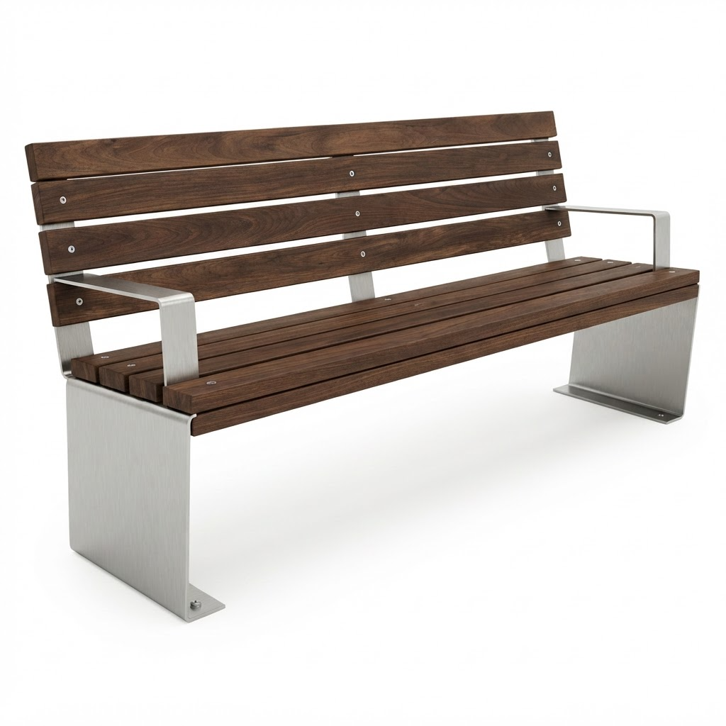 A modern outdoor bench with dark brown wooden slats and brushed silver metal armrests and base frames, shown on a clean white background.