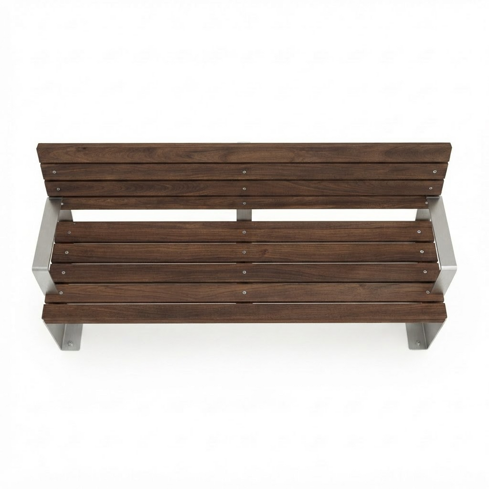 A modern outdoor bench with dark brown wooden slats and a brushed silver metal frame, shown from a top-down perspective on a white background.