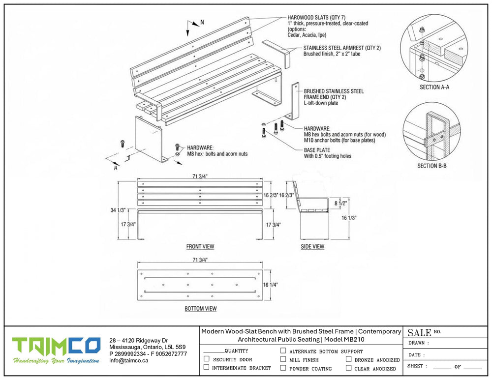 Technical drawing and specification sheet for a modern wood slat bench with a brushed steel frame, showing front, bottom, and section views with dimensions and material notes on a white background.