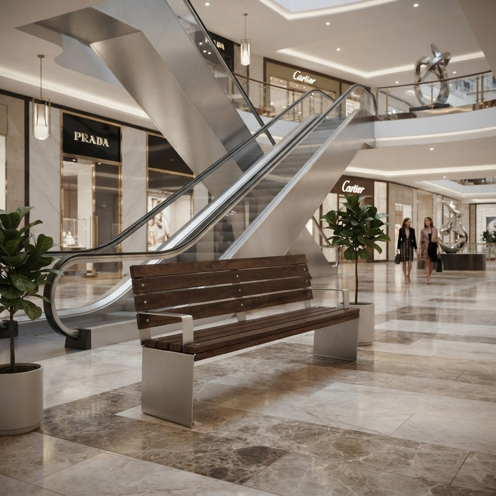 A modern wooden bench with a brushed silver metal base sits in a luxury shopping mall atrium next to escalators, with visible Prada and Cartier storefronts in the background.
