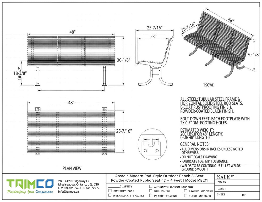 Technical specification sheet and dimension drawing for a Taimco Arcadia Modern Rod-Style Outdoor Bench 3-Seater, showing plan view, elevation view, and side view with measurements and material details.