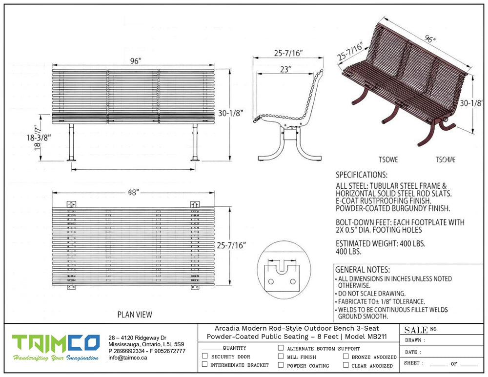 Technical specification sheet and dimension drawing for the Taimco Arcadia Modern Rod-Style Outdoor Bench 3-seat, showing plan view, elevation, and side view with measurements, materials, and details.