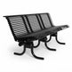 A black metal slat bench with curved legs, shown at an angle on a clean white background.