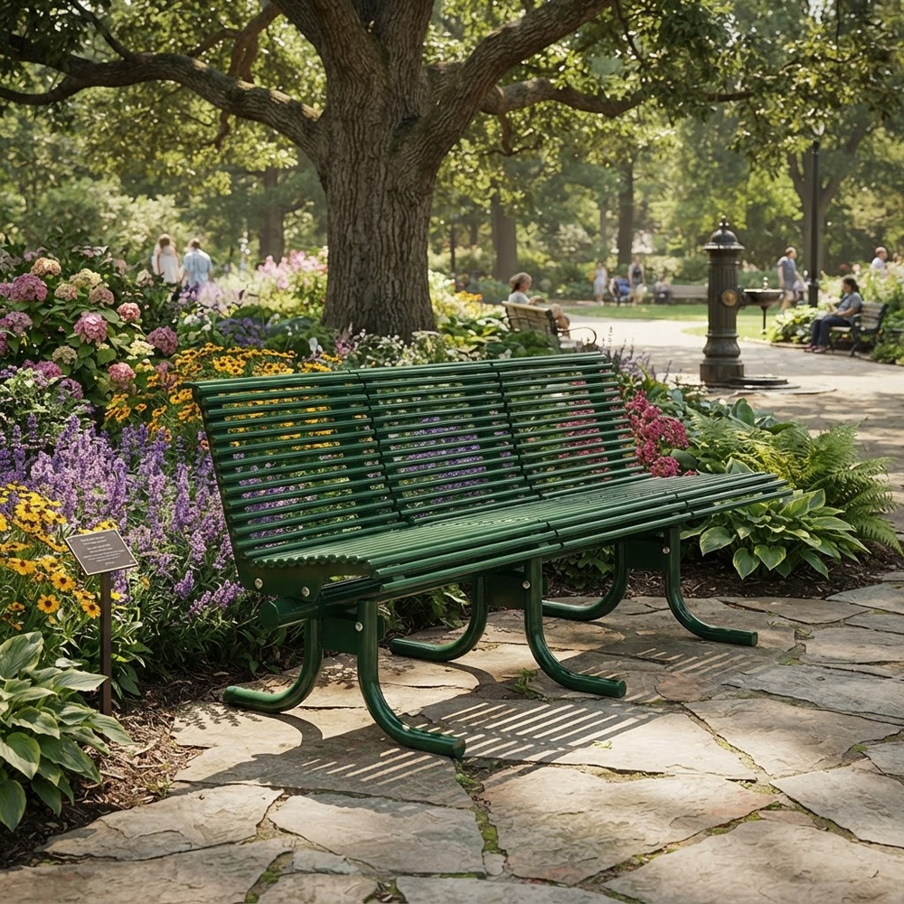 A green metal park bench with curved legs sits on a stone pathway in a lush garden park, surrounded by colorful flowers, green foliage, and trees in the background.