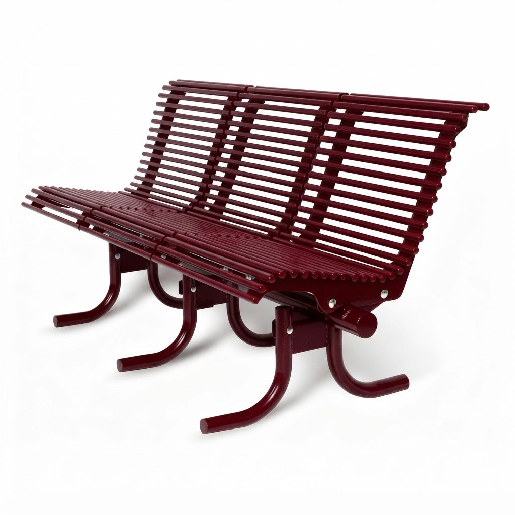 A modern outdoor bench with a dark red, glossy finish, featuring a curved slatted backrest and seat supported by curved legs, shown on a white background.