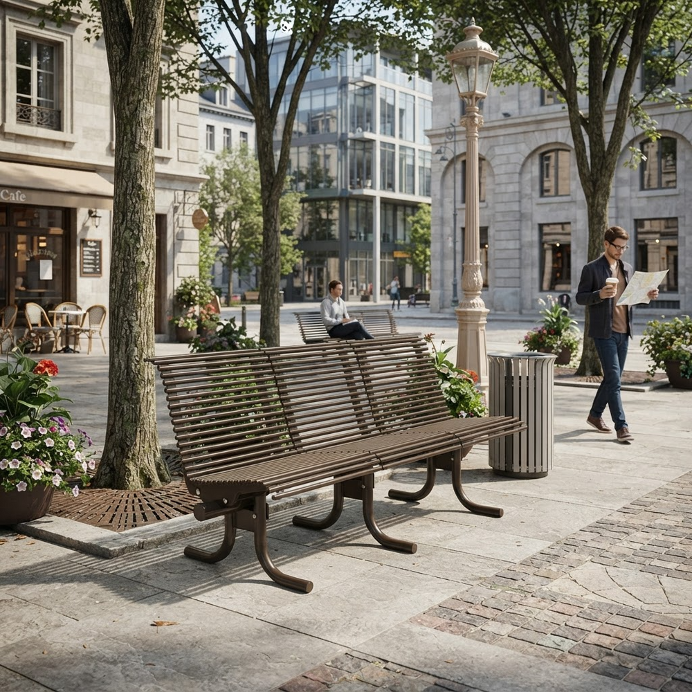 A modern outdoor park bench with a brown slatted wooden seat and curved dark metal legs, situated in a city plaza with trees, a street lamp, a walking pedestrian, and a trash can.