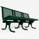 A dark green metal park bench with a slatted back and seat, supported by curved legs, shown on a light gray studio background.
