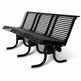 A black metal park bench with a slatted back and seat, shown at an angle on a white background.