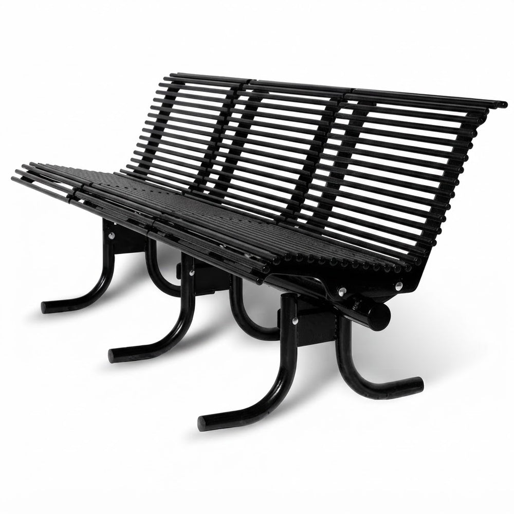 A black metal park bench with a slatted back and seat, shown at an angle on a white background.