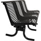A black metal slatted park bench with a curved support base, shown on a plain white background.