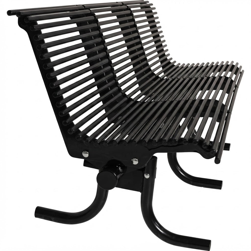 A black metal slatted park bench with a curved support base, shown on a plain white background.