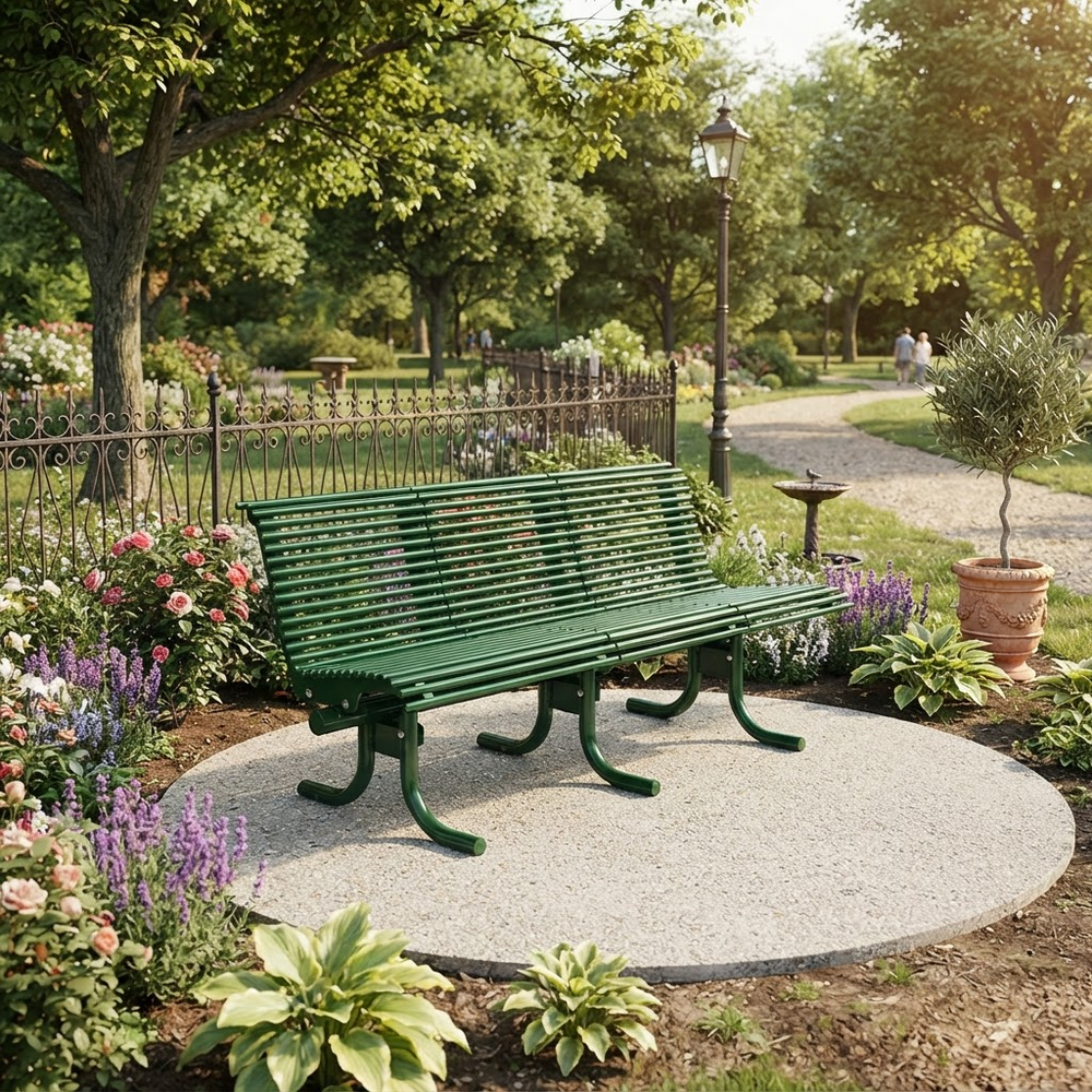 A green slatted park bench sits on a round concrete planter in a landscaped garden with flowers, trees, a lamp post, and a walking path.