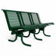 A dark green metal park bench with a slatted back and seat, shown at an angle on a white background.