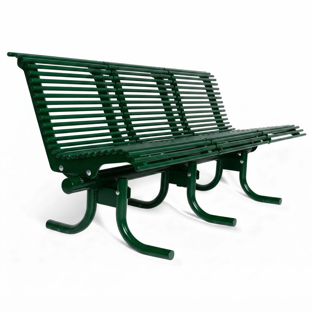 A dark green metal park bench with a slatted back and seat, shown at an angle on a white background.