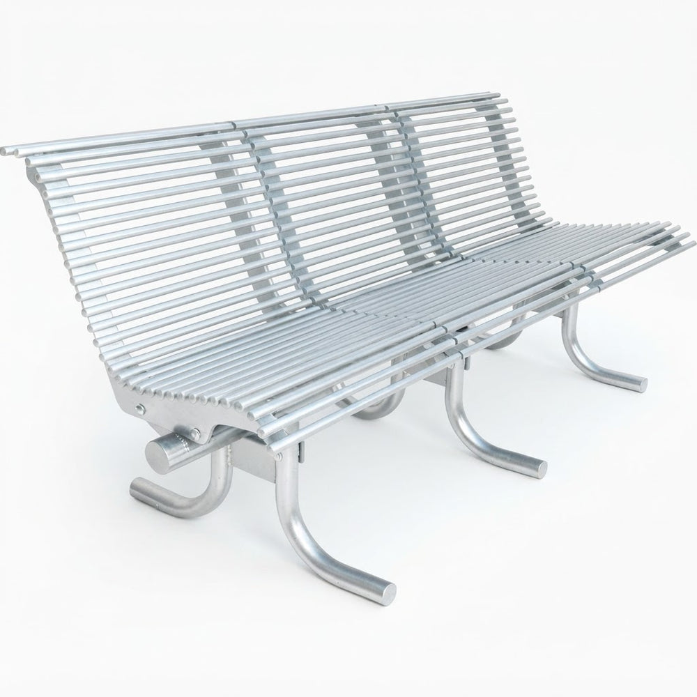 A modern three-seater metal bench with a slatted back and seat, finished in a brushed silver finish, shown on a clean white background.