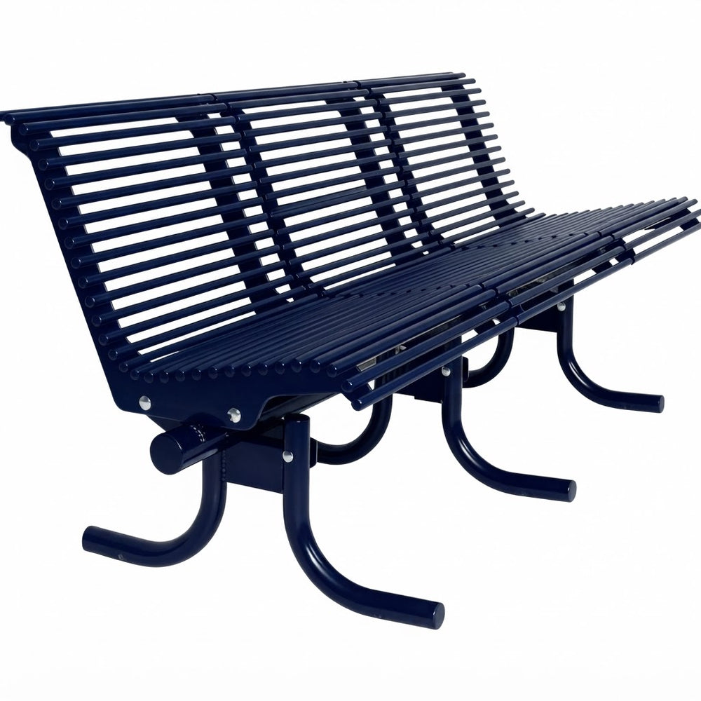 A dark navy blue metal park bench with a slatted back and seat, shown at a three-quarter angle on a plain white background.