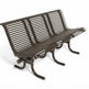 A dark brown metal park bench with a modern slatted back and seat, shown at an angle on a white background.