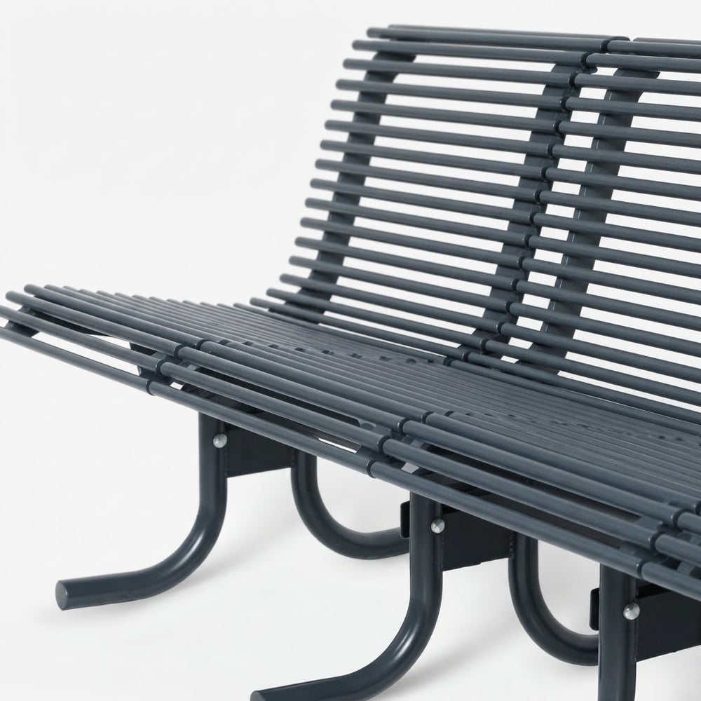 A modern outdoor slatted bench with a dark gray metal frame and curved legs, shown on a clean white background.