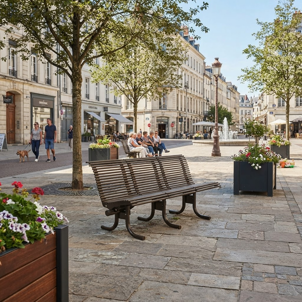A wooden slat bench with dark metal legs sits on a stone plaza in a European-style town square, with trees, buildings, seated people, and flower boxes in the background.